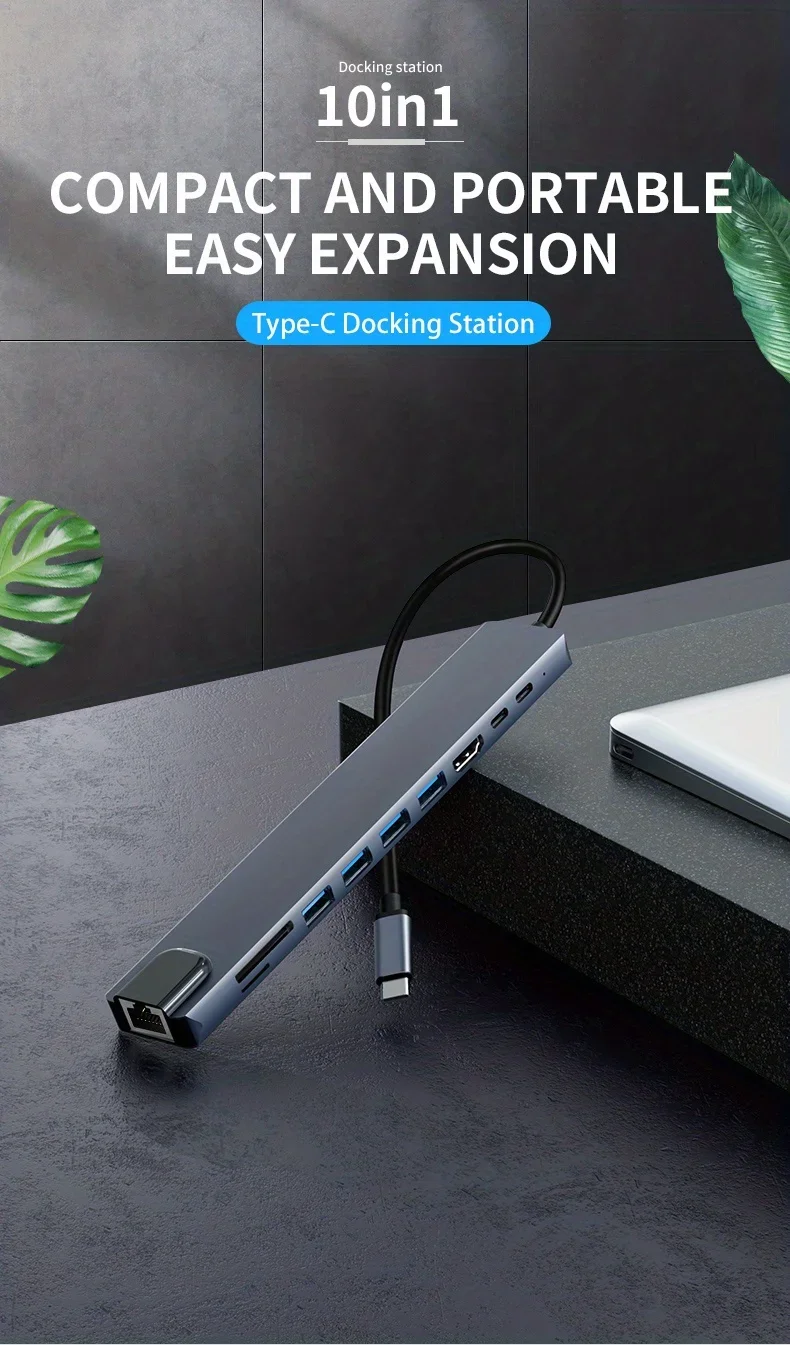 10-in-1 USB-C Hub Docking Station – 4K HDMI, RJ45 Ethernet, 100W PD Fast Charging for MacBook, iPad & USB-C Devices