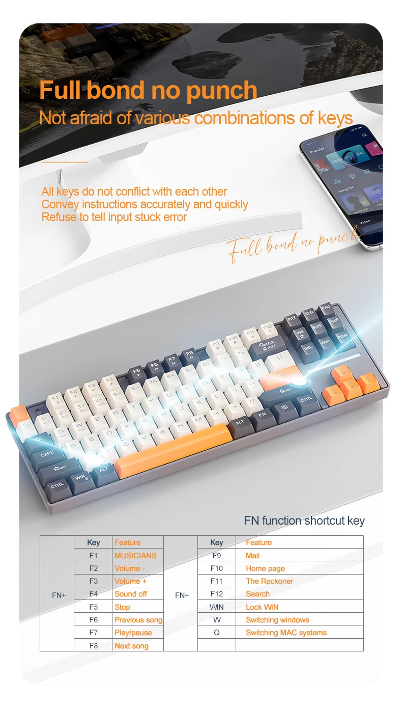 SMAILWOLF MK87 Wireless Mechanical Gaming Keyboard – Bluetooth Hot-Swappable 87-Key Custom E-Sports Keyboard