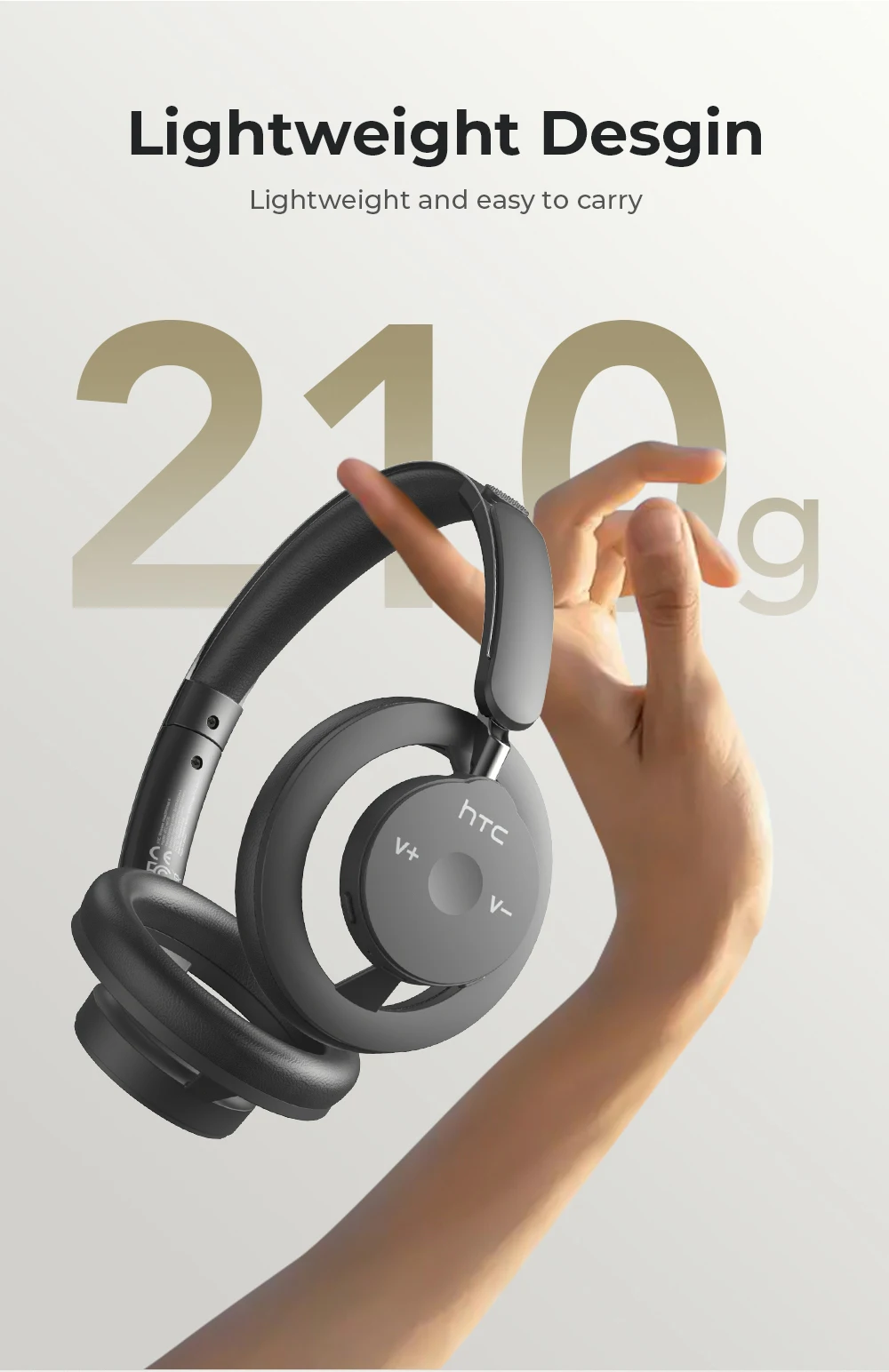 HTC HP06 Bluetooth 6.0 Wireless Open-Ear Headphones – Foldable Lightweight Airy Design, Deep Bass, Multi-Device Compatible for PC, Laptop, Phone & TV