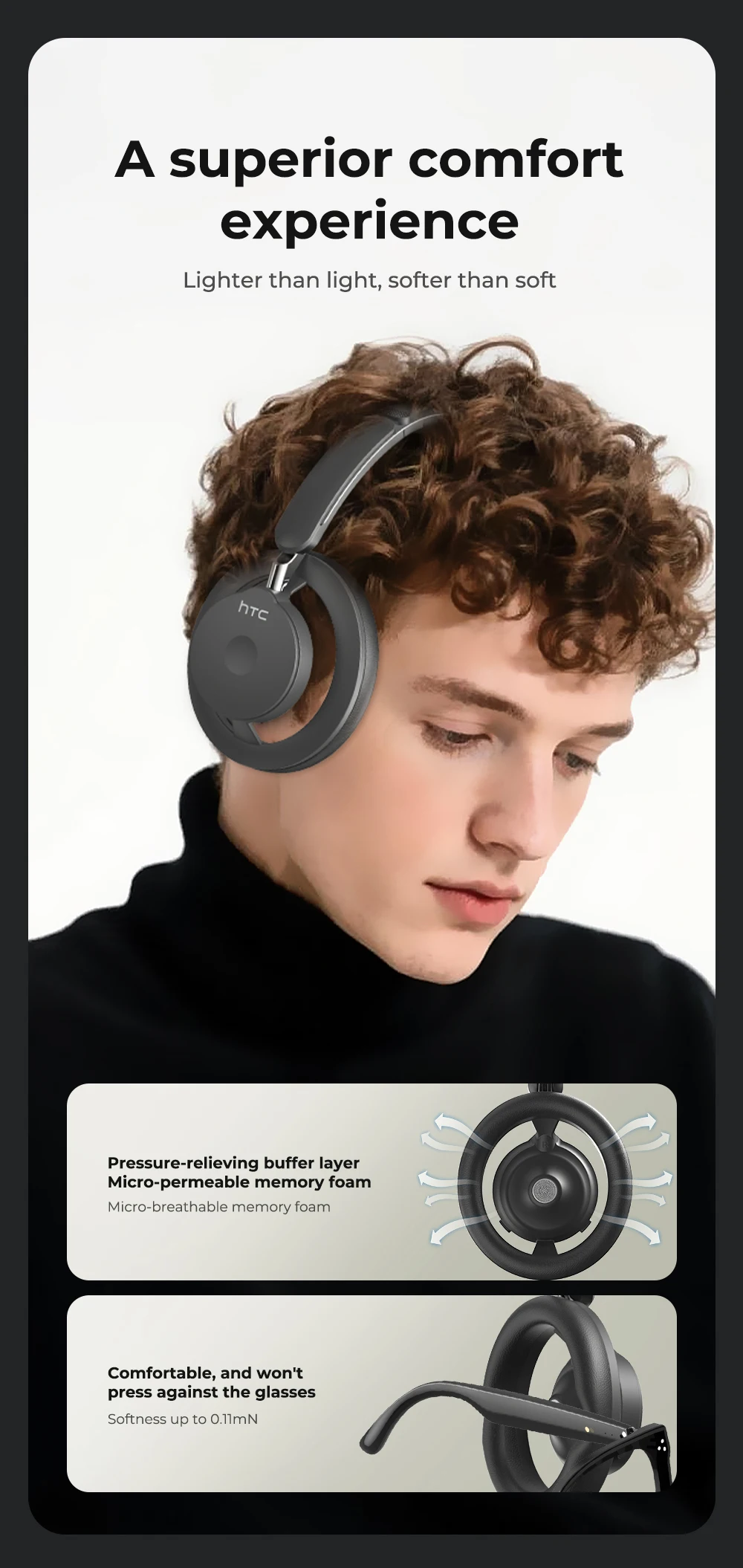 HTC HP06 Bluetooth 6.0 Wireless Open-Ear Headphones – Foldable Lightweight Airy Design, Deep Bass, Multi-Device Compatible for PC, Laptop, Phone & TV