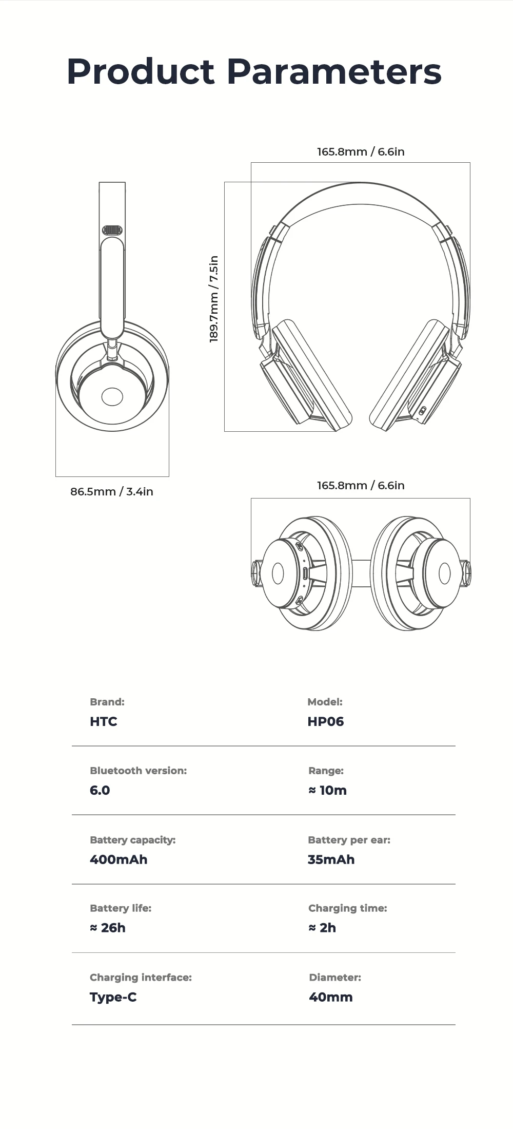 HTC HP06 Bluetooth 6.0 Wireless Open-Ear Headphones – Foldable Lightweight Airy Design, Deep Bass, Multi-Device Compatible for PC, Laptop, Phone & TV