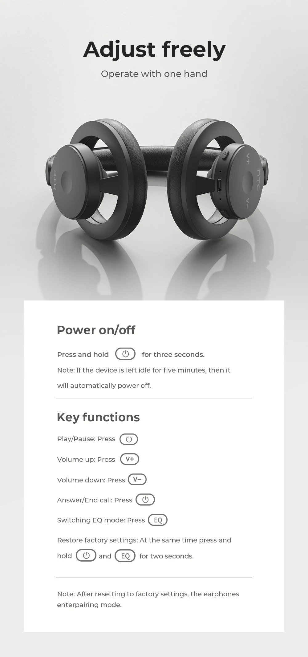 HTC HP06 Bluetooth 6.0 Wireless Open-Ear Headphones – Foldable Lightweight Airy Design, Deep Bass, Multi-Device Compatible for PC, Laptop, Phone & TV