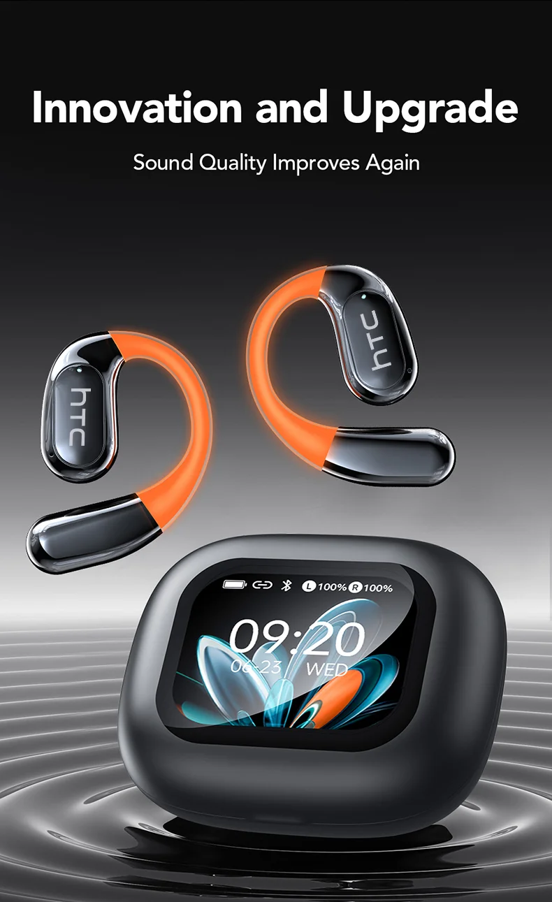 HTC NE27 Bluetooth 5.4 AI Translator Earbuds with LCD Touchscreen – ENC Noise Reduction, LED Glowing Earhook, Smart Wireless Headphones