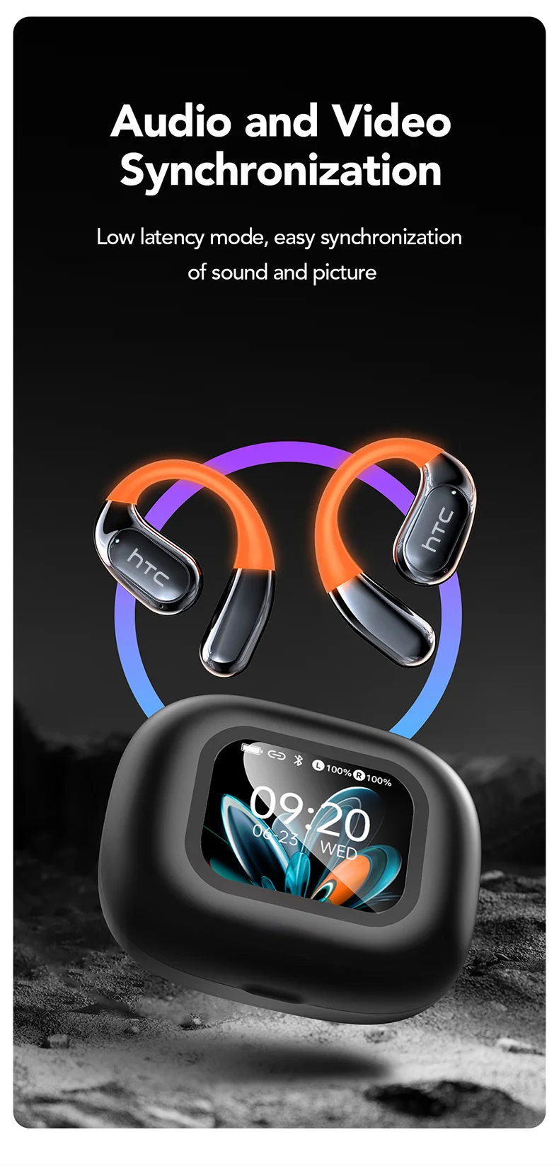 HTC NE27 Bluetooth 5.4 AI Translator Earbuds with LCD Touchscreen – ENC Noise Reduction, LED Glowing Earhook, Smart Wireless Headphones