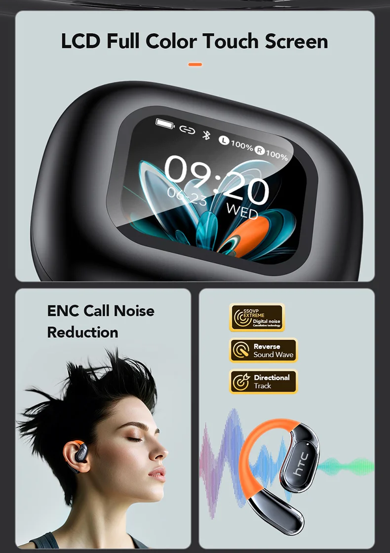 HTC NE27 Bluetooth 5.4 AI Translator Earbuds with LCD Touchscreen – ENC Noise Reduction, LED Glowing Earhook, Smart Wireless Headphones