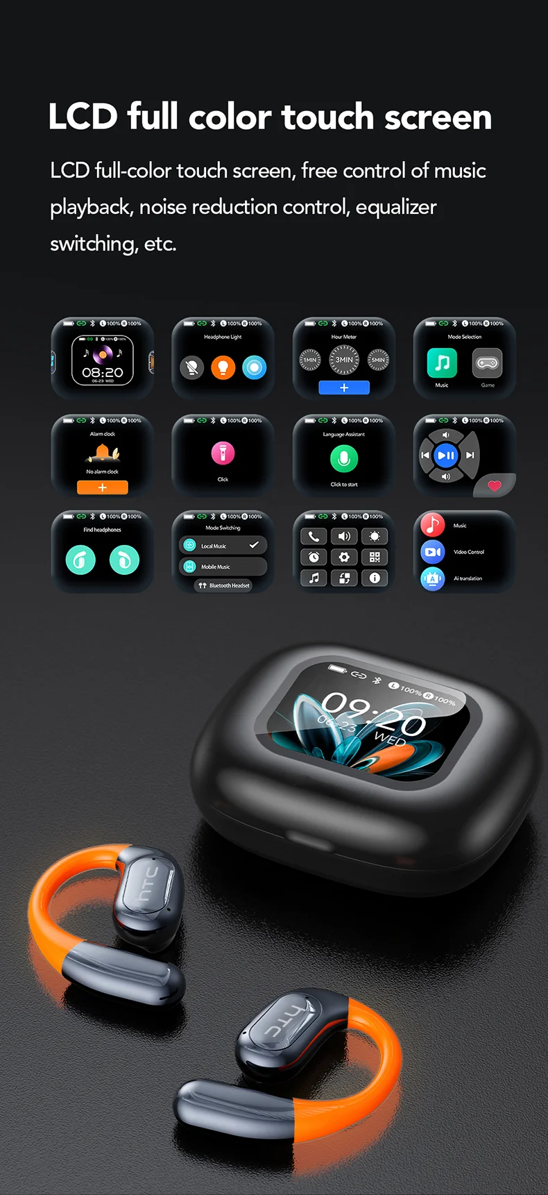 HTC NE27 Bluetooth 5.4 AI Translator Earbuds with LCD Touchscreen – ENC Noise Reduction, LED Glowing Earhook, Smart Wireless Headphones