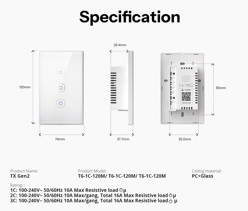 SONOFF T6 Gen2 Matter Smart Touch Wall Switch – Apple Home Compatible, Detachable Relay, Adjustable Night Light Locator, US Standard