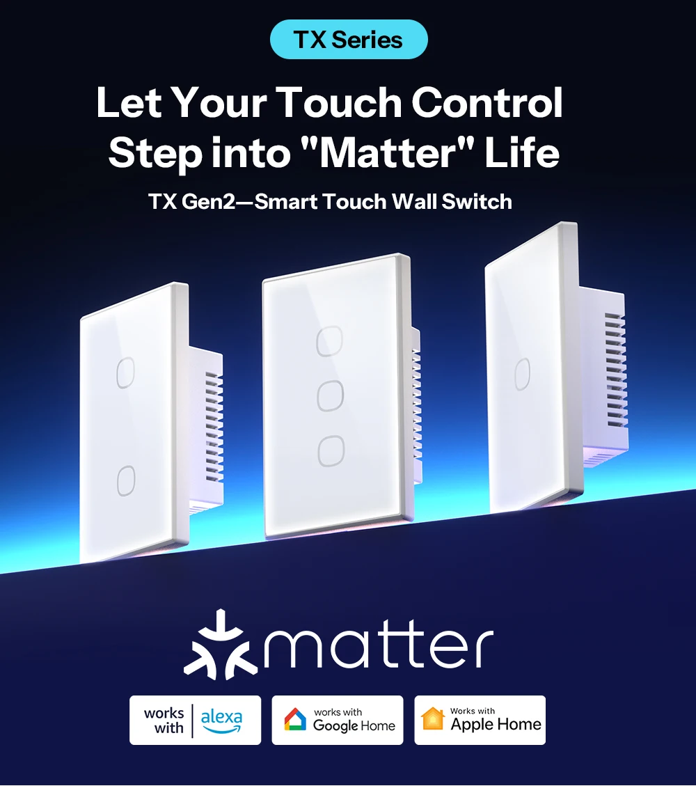 SONOFF T6 Gen2 Matter Smart Touch Wall Switch – Apple Home Compatible, Detachable Relay, Adjustable Night Light Locator, US Standard