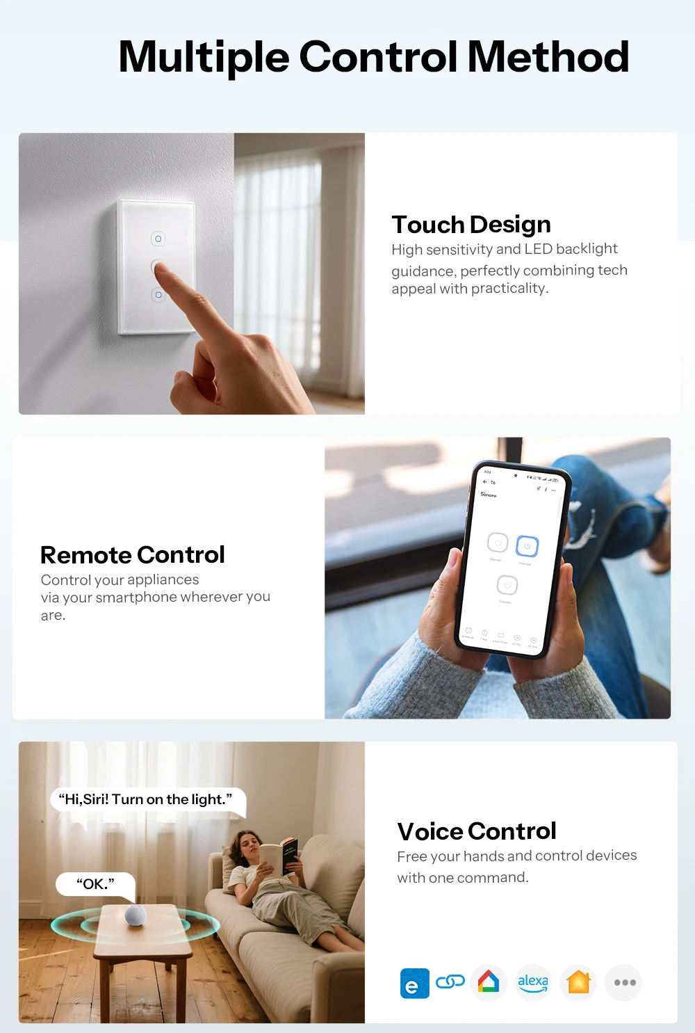 SONOFF T6 Gen2 Matter Smart Touch Wall Switch – Apple Home Compatible, Detachable Relay, Adjustable Night Light Locator, US Standard