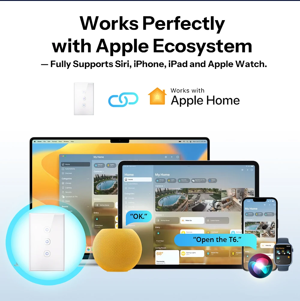 SONOFF T6 Gen2 Matter Smart Touch Wall Switch – Apple Home Compatible, Detachable Relay, Adjustable Night Light Locator, US Standard