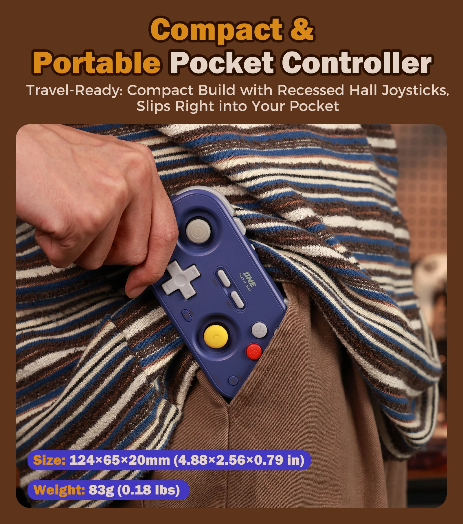 IINE Pocket Retro Game Controller,1000Hz Recessed Stick, Hall Effect Joysticks,Portable Mini Gamepad Customizable Controls