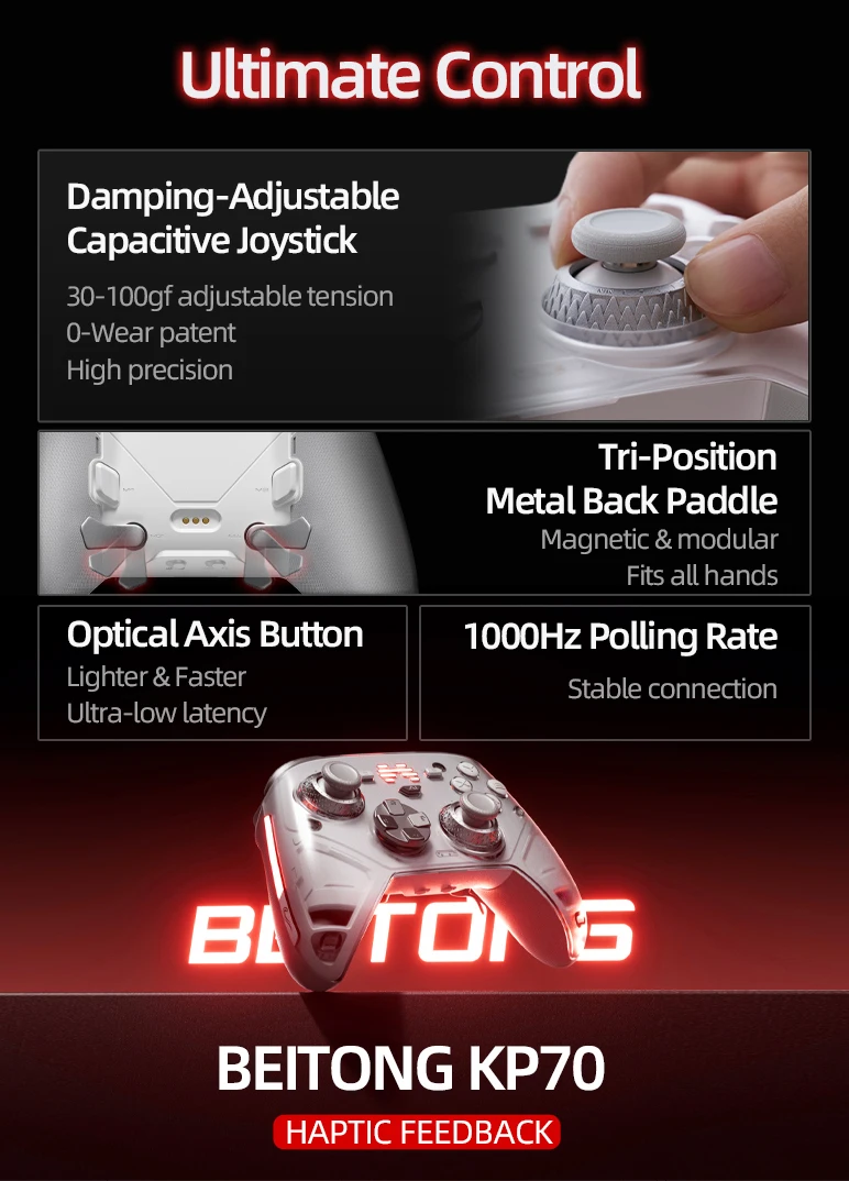 BEITONG KP70 Haptic Feedback Wireless Game Controller, Dual Auto-Sense Trigger, 6 Back Paddlesfor PC/Switch/iOS/Android/Steam