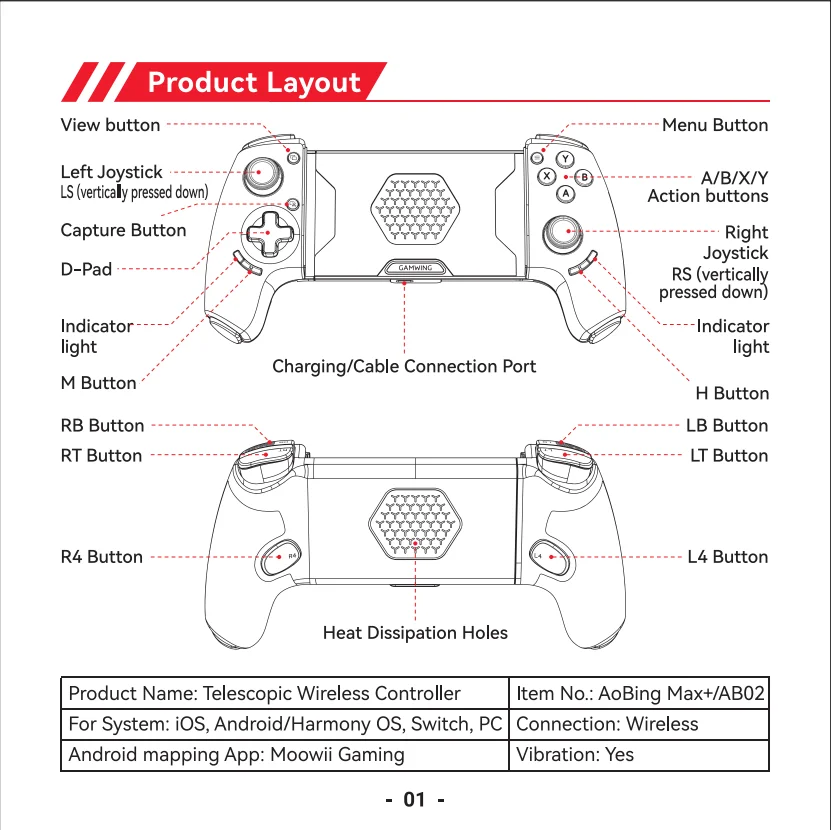 Gamwing AB01 AB02 AoBing Max Max+ Mobile Phone Game Controller Game pad Joystick Type-C Wired & BT Compatible with Android, iOS