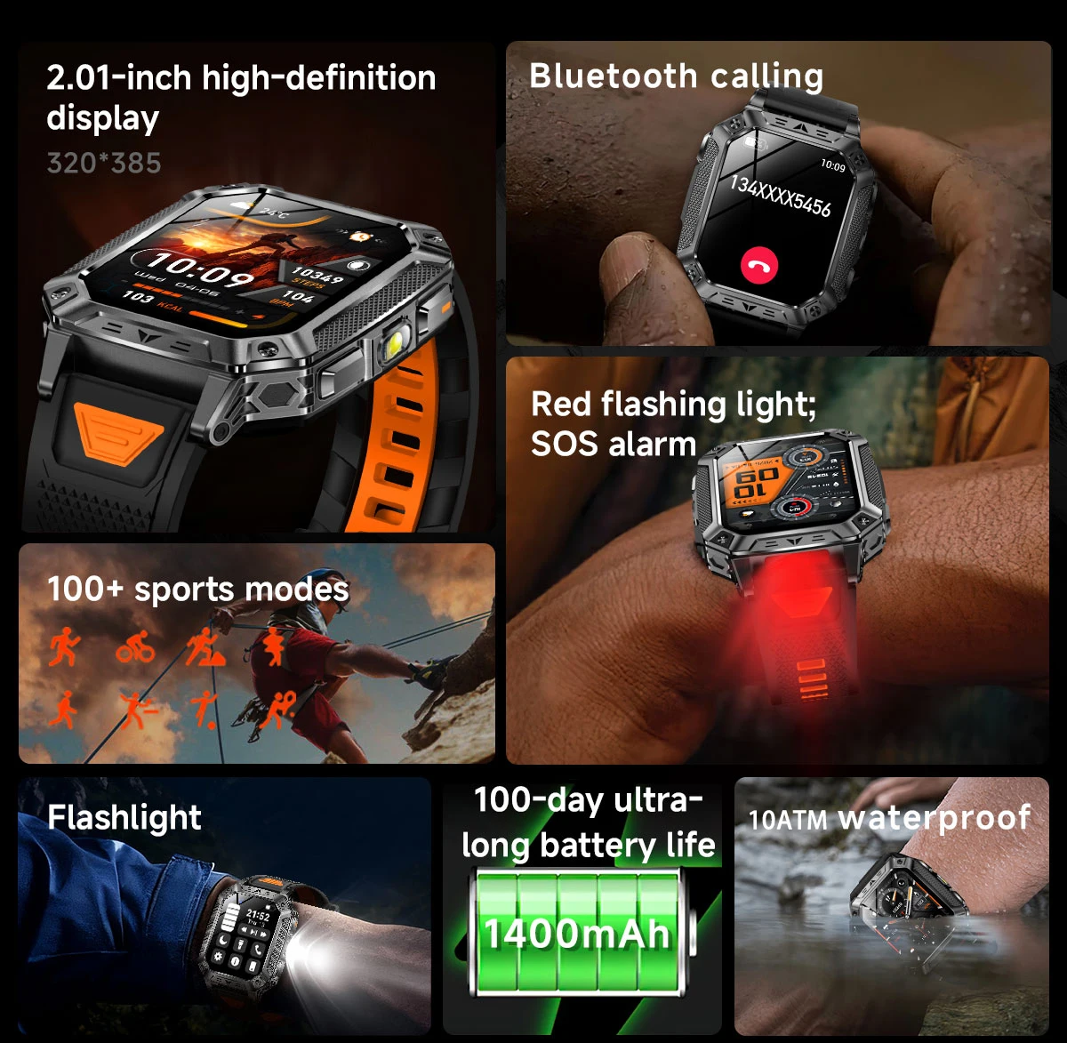 2026 Military outdoor SmartWatch Fitness Clock Men 2.01 inch AMOLED Screen 1400mAh Battery Flashlight Call Waterproof Smart Band