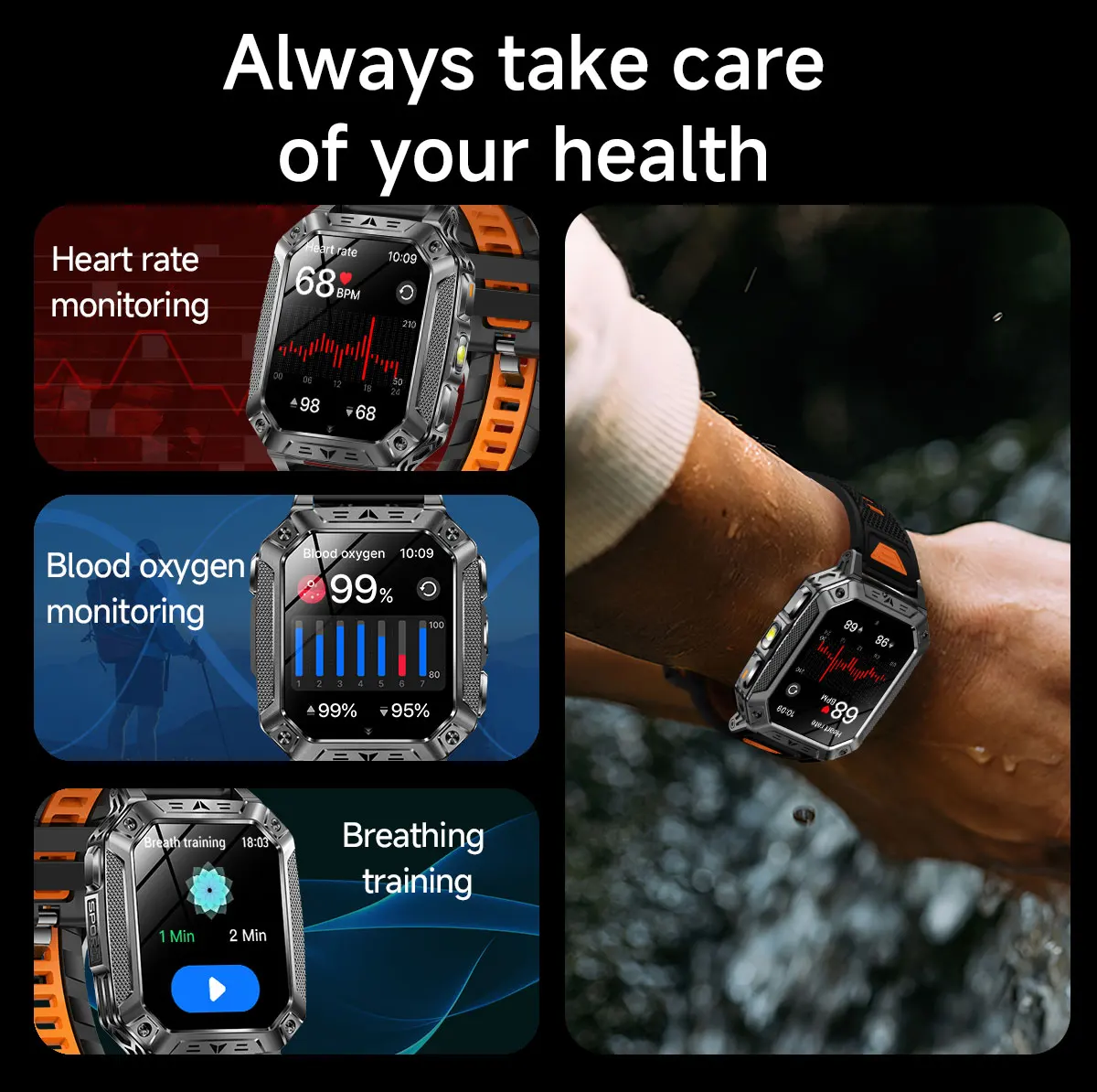 2026 Military outdoor SmartWatch Fitness Clock Men 2.01 inch AMOLED Screen 1400mAh Battery Flashlight Call Waterproof Smart Band