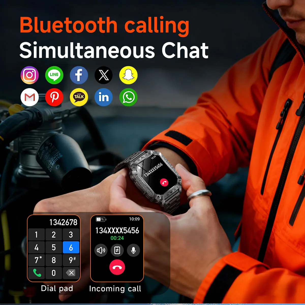 2026 Military outdoor SmartWatch Fitness Clock Men 2.01 inch AMOLED Screen 1400mAh Battery Flashlight Call Waterproof Smart Band