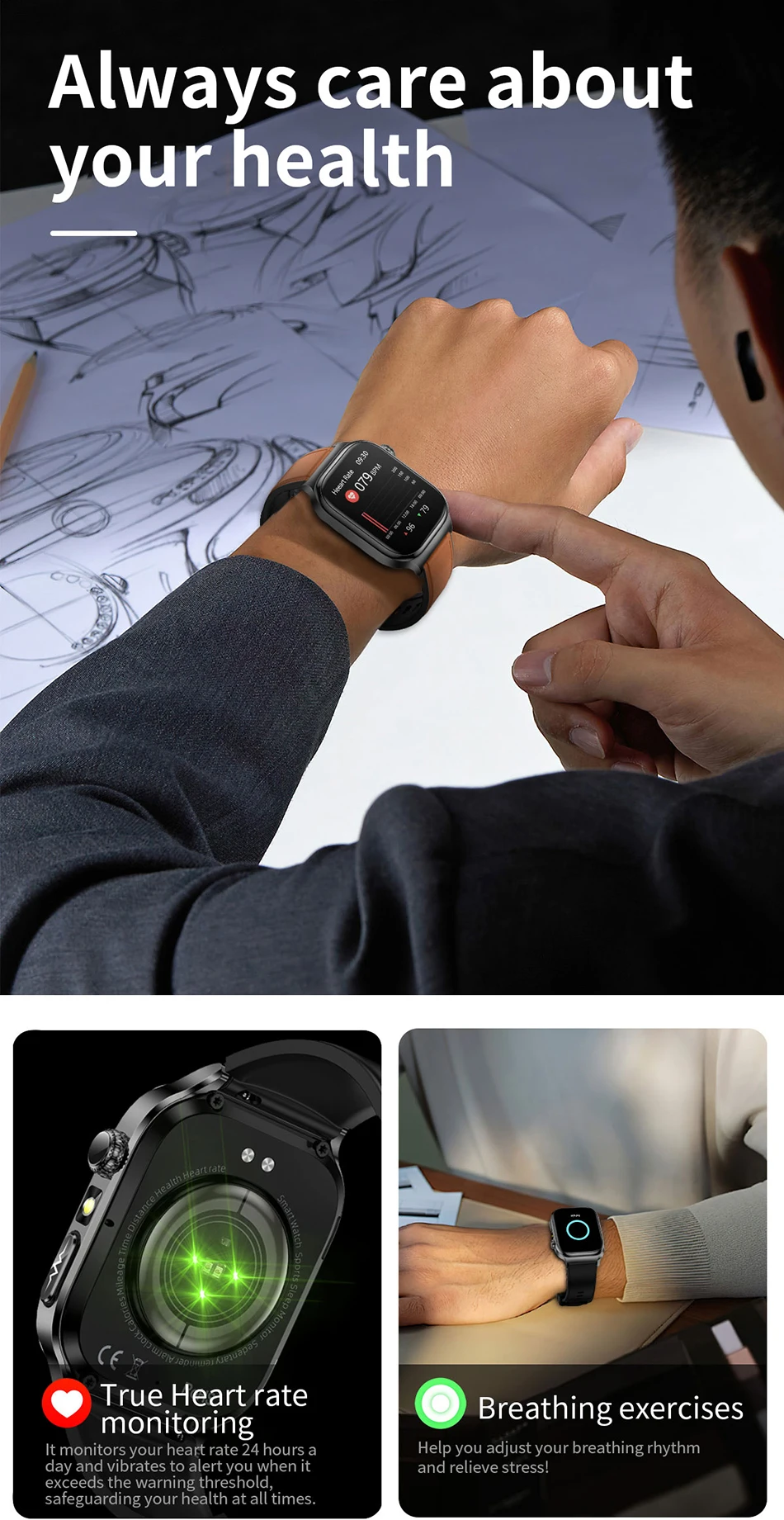 2026 Health Care Smart Watch Men Women BMI Analysis Uric Acid Blood Lipids Blood Pressure Monitoring BT Call AMOLED Smartwatch