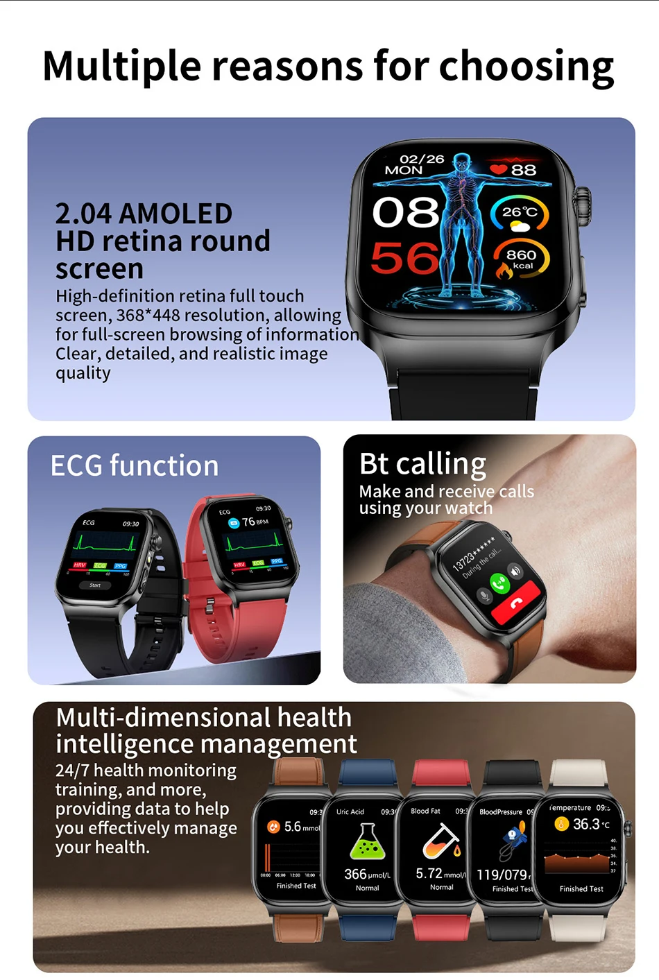 2026 Health Care Smart Watch Men Women BMI Analysis Uric Acid Blood Lipids Blood Pressure Monitoring BT Call AMOLED Smartwatch