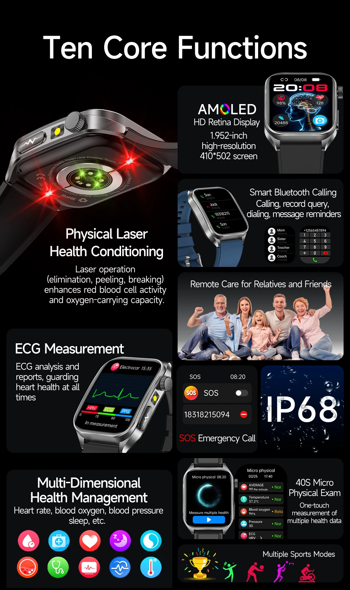 2026 New 650nm Laser Therapy Health Smartwatch Men ECG Blood Pressure Lipid Uric Acid Bluetooth Call Smart Watch For Android IOS