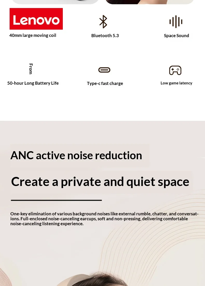 Lenovo Wireless Bluetooth Over-Ear Headphones HiFi High-Definition Sound Quality Noise Cancellation Ideal for Work Travel Gift