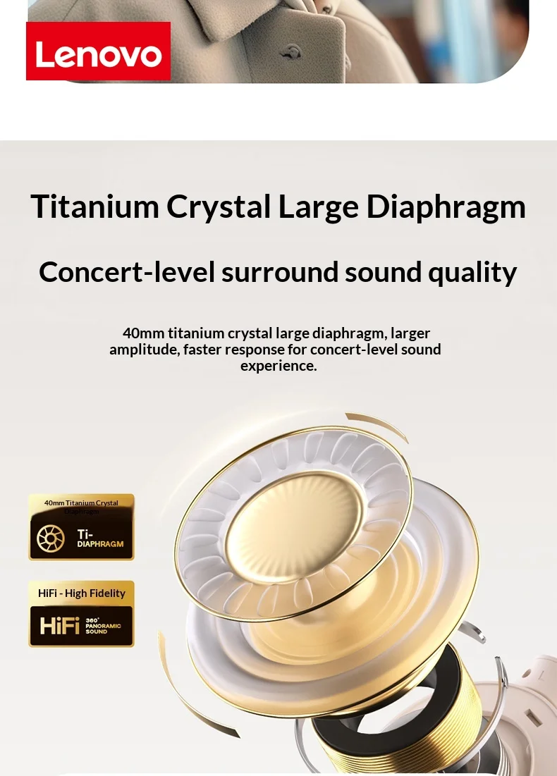 Lenovo Wireless Bluetooth Over-Ear Headphones HiFi High-Definition Sound Quality Noise Cancellation Ideal for Work Travel Gift