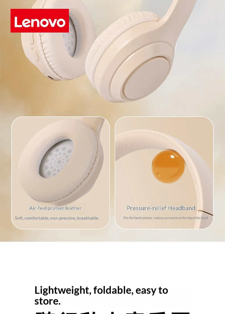 Lenovo Wireless Bluetooth Over-Ear Headphones HiFi High-Definition Sound Quality Noise Cancellation Ideal for Work Travel Gift