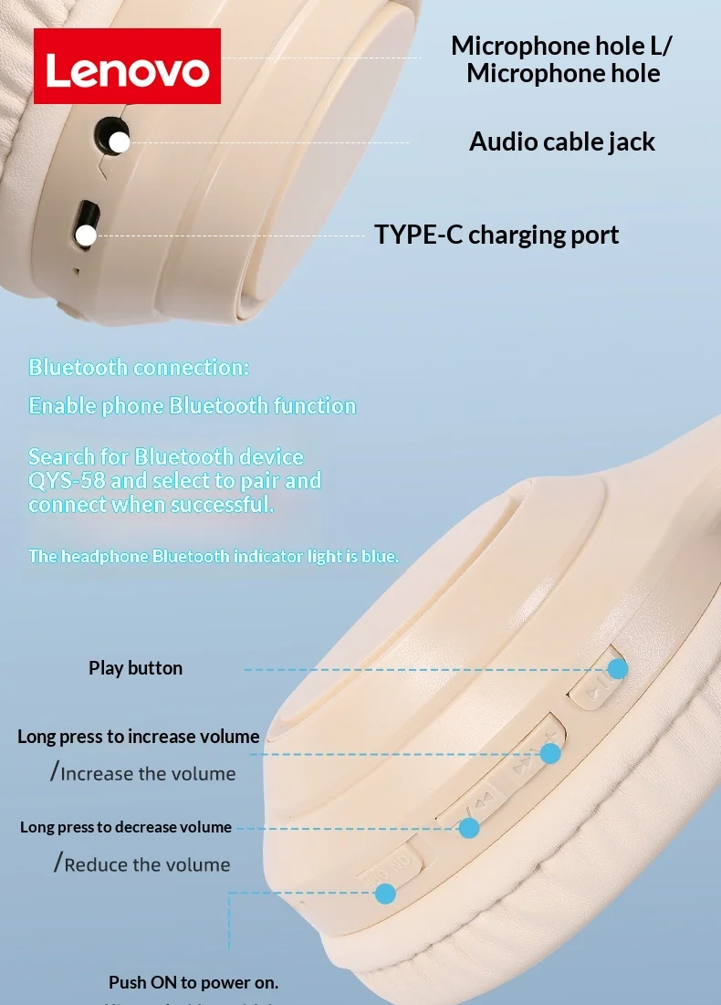 Lenovo Wireless Bluetooth Over-Ear Headphones HiFi High-Definition Sound Quality Noise Cancellation Ideal for Work Travel Gift