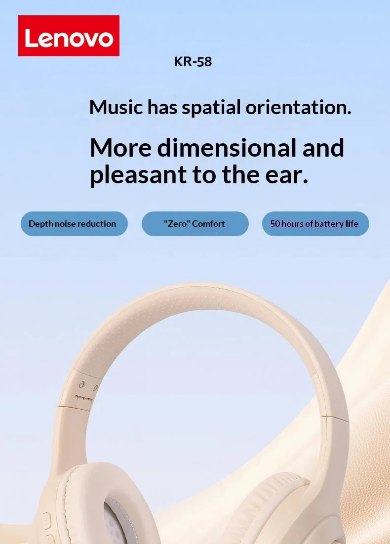 Lenovo Wireless Bluetooth Over-Ear Headphones HiFi High-Definition Sound Quality Noise Cancellation Ideal for Work Travel Gift