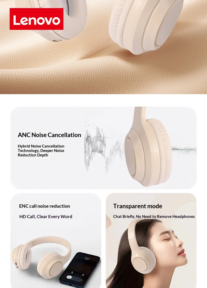 Lenovo Wireless Bluetooth Over-Ear Headphones HiFi High-Definition Sound Quality Noise Cancellation Ideal for Work Travel Gift