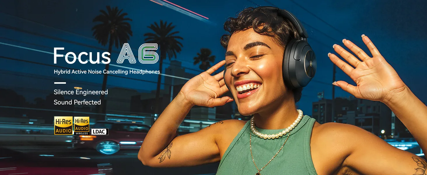 Oneodio A6 ANC Wireless Bluetooth 6.0 Headphones -48dB Hybrid Active Noise Cancelling Over Ear Headset With Mic Hi-Res LDAC APP