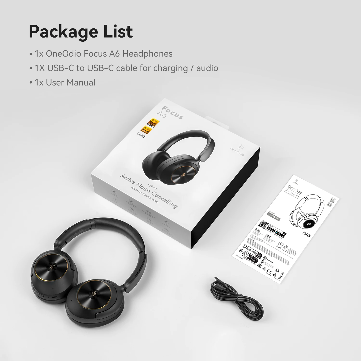 Oneodio A6 ANC Wireless Bluetooth 6.0 Headphones -48dB Hybrid Active Noise Cancelling Over Ear Headset With Mic Hi-Res LDAC APP
