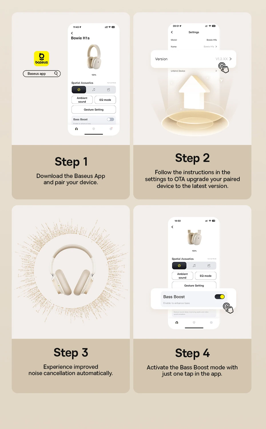 Baseus Bowie H1s Wireless Headphones Bluetooth 5.4 Noise Canceling 46dB Over Ear Headset Hi-Res Spatial Audio Earphone 120H Time