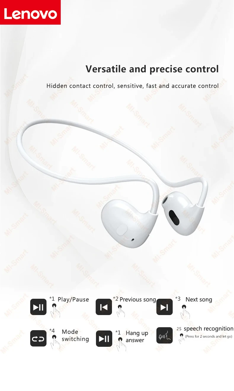 Lenovo Bluetooth 5.3 Stereo Over-Ear Sports Headphones with Microphone, Wireless Bone Conduction, Waterproof