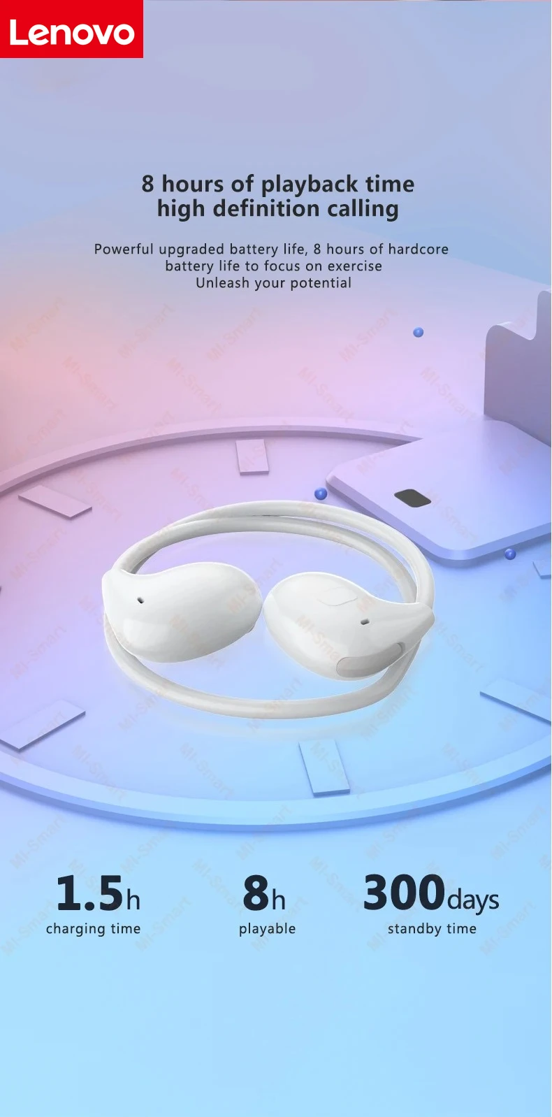 Lenovo Bluetooth 5.3 Stereo Over-Ear Sports Headphones with Microphone, Wireless Bone Conduction, Waterproof