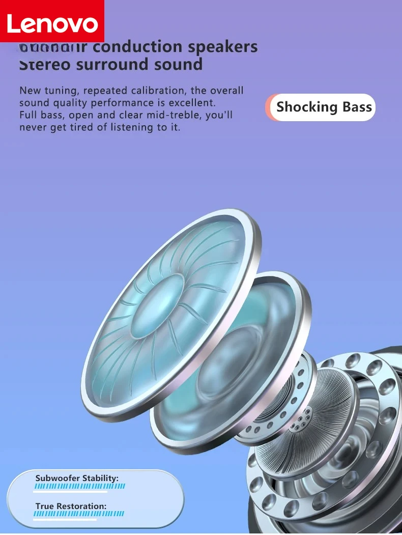 Lenovo Bluetooth 5.3 Stereo Over-Ear Sports Headphones with Microphone, Wireless Bone Conduction, Waterproof