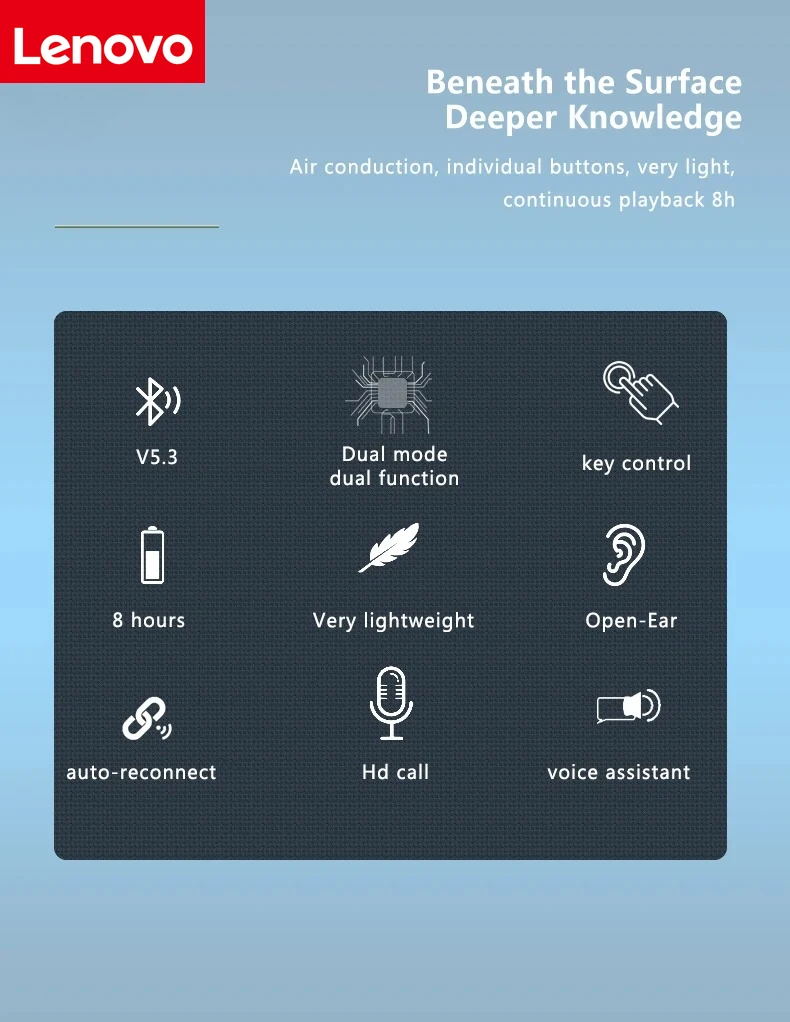 Lenovo Bluetooth 5.3 Stereo Over-Ear Sports Headphones with Microphone, Wireless Bone Conduction, Waterproof