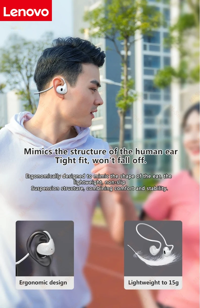 Lenovo Bluetooth 5.3 Stereo Over-Ear Sports Headphones with Microphone, Wireless Bone Conduction, Waterproof