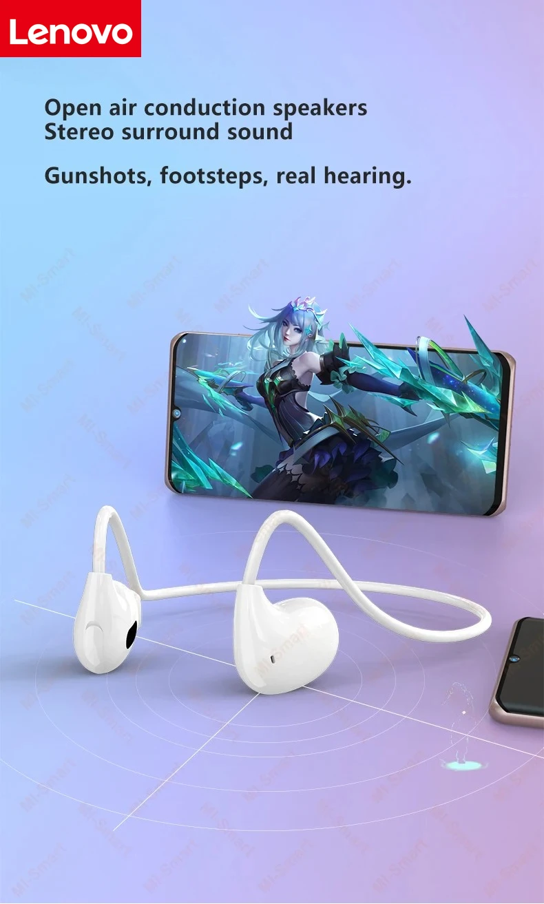 Lenovo Bluetooth 5.3 Stereo Over-Ear Sports Headphones with Microphone, Wireless Bone Conduction, Waterproof