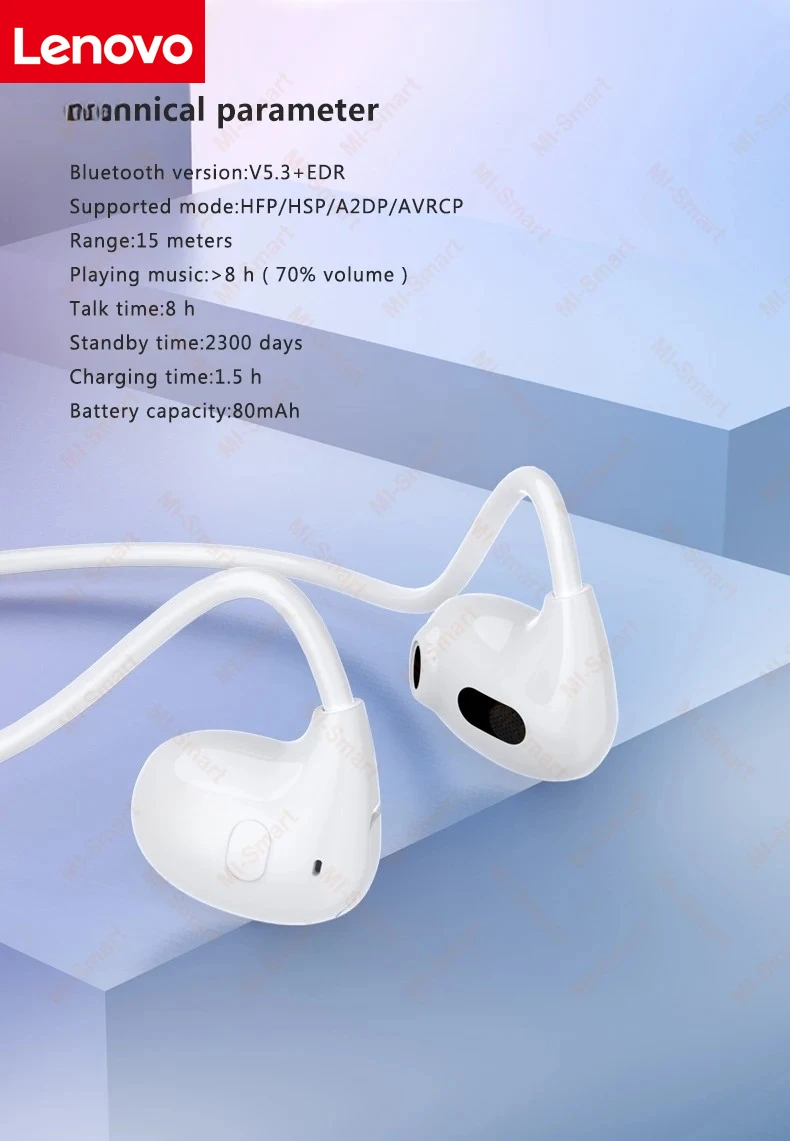 Lenovo Bluetooth 5.3 Stereo Over-Ear Sports Headphones with Microphone, Wireless Bone Conduction, Waterproof