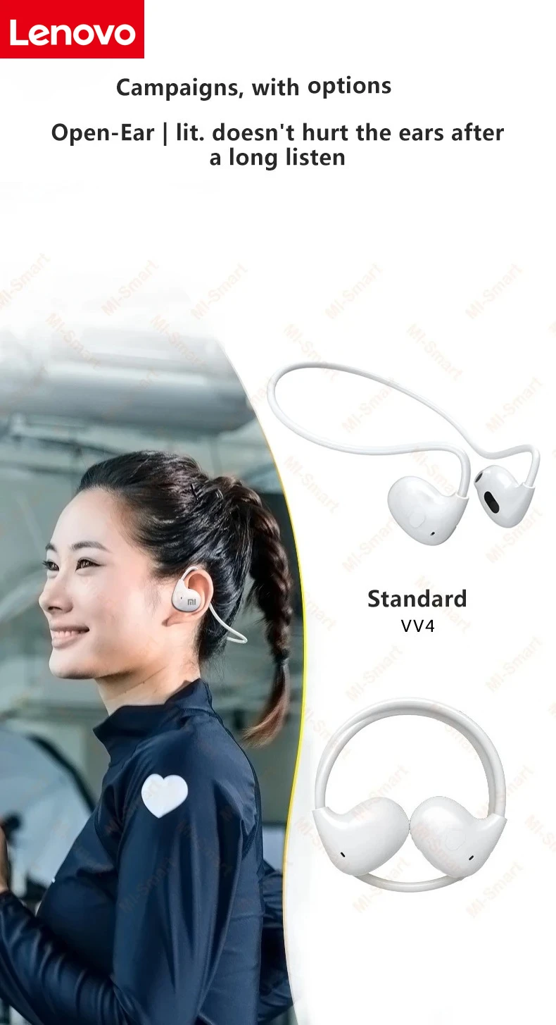 Lenovo Bluetooth 5.3 Stereo Over-Ear Sports Headphones with Microphone, Wireless Bone Conduction, Waterproof