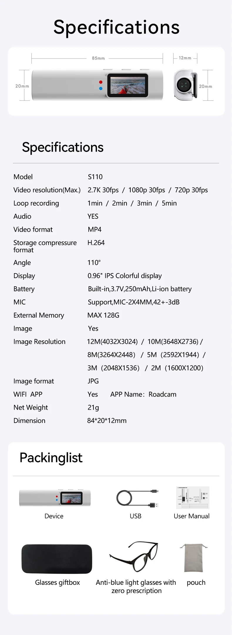 Lenovo 4K Mini FPV Eyeglasses Video Shooting Micro-camera HD WiFi Intelligent Video&Sound Recording WiFi APP