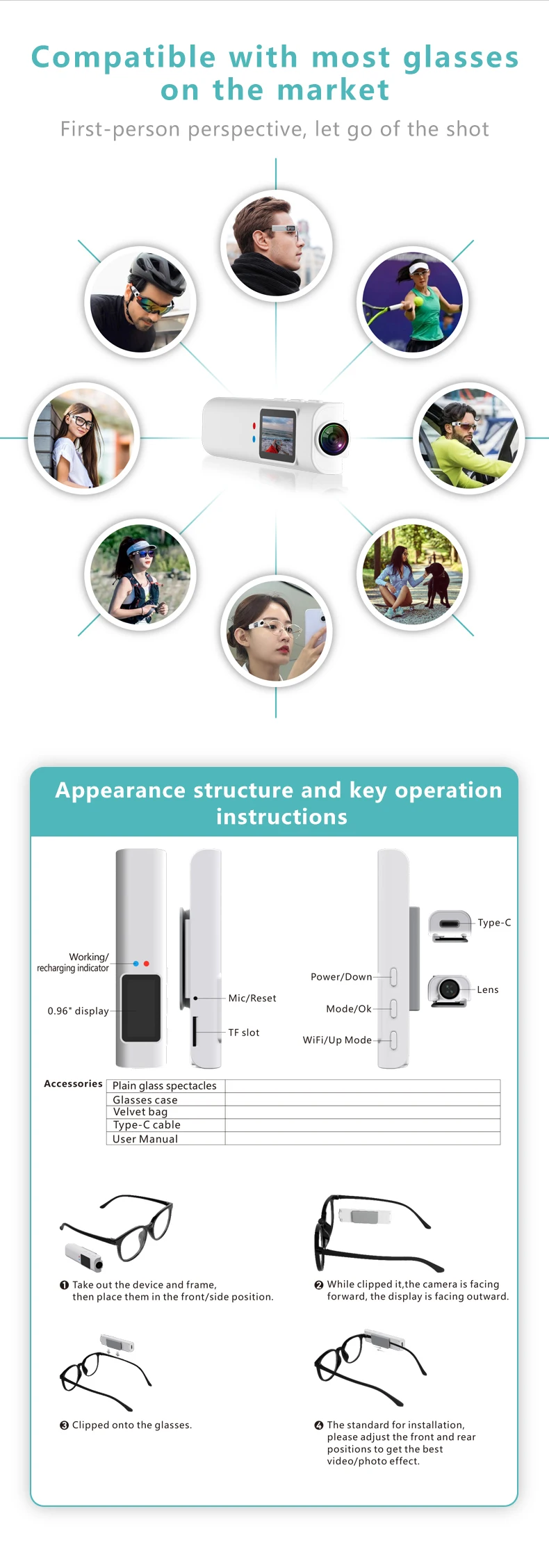 Lenovo 4K Mini FPV Eyeglasses Video Shooting Micro-camera HD WiFi Intelligent Video&Sound Recording WiFi APP