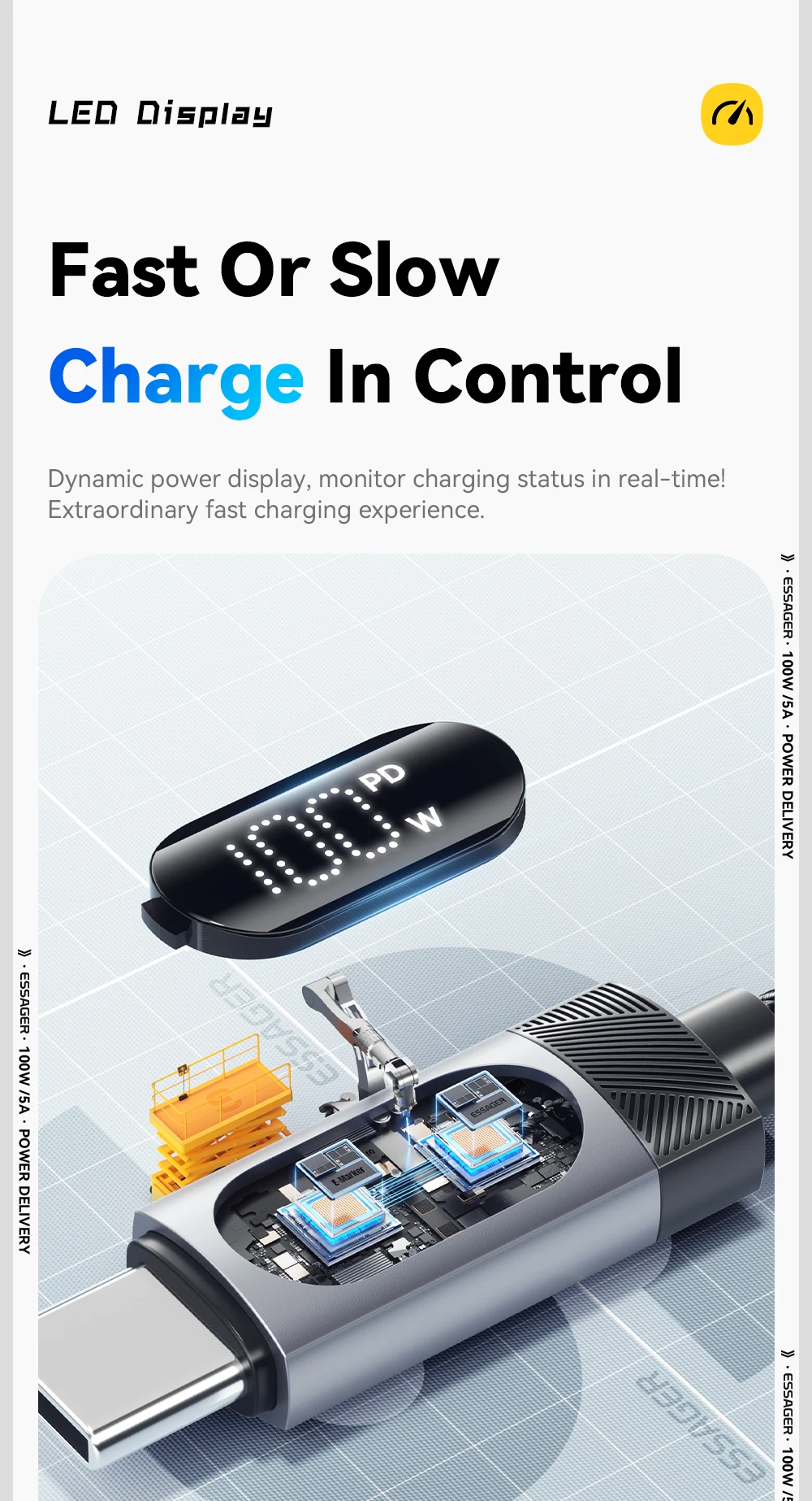 Essager Digital Dispaly USB C Cable For iPhone 17 16 15 Xiaomi Huawei 100W PD Fast Charging For Macbook iPad Type C to C Cable