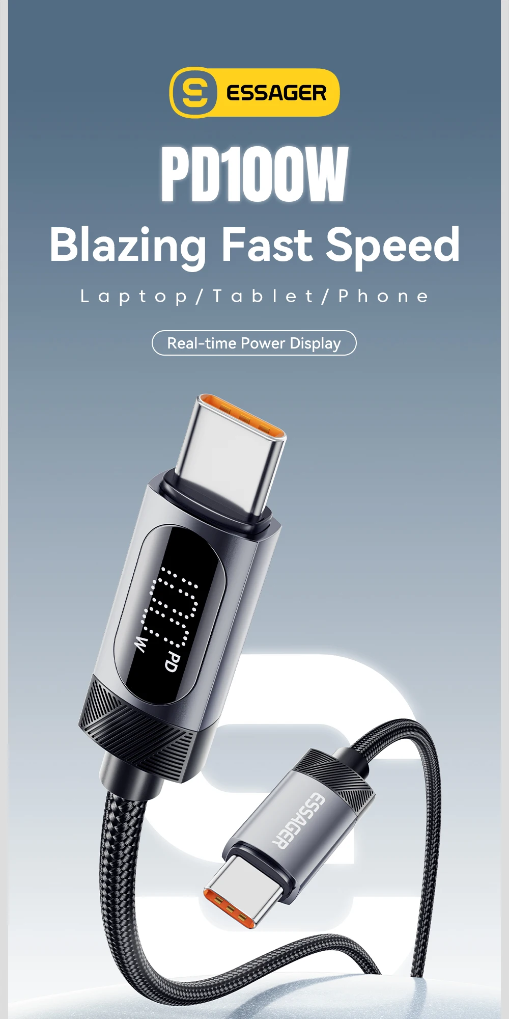 Essager Digital Dispaly USB C Cable For iPhone 17 16 15 Xiaomi Huawei 100W PD Fast Charging For Macbook iPad Type C to C Cable