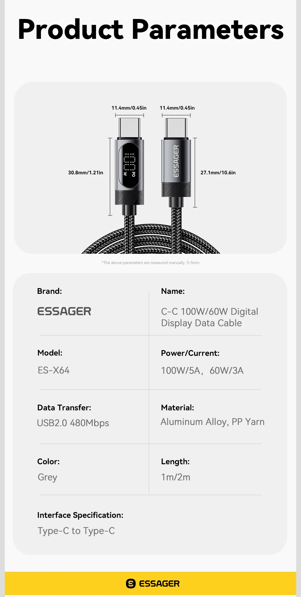 Essager Digital Dispaly USB C Cable For iPhone 17 16 15 Xiaomi Huawei 100W PD Fast Charging For Macbook iPad Type C to C Cable