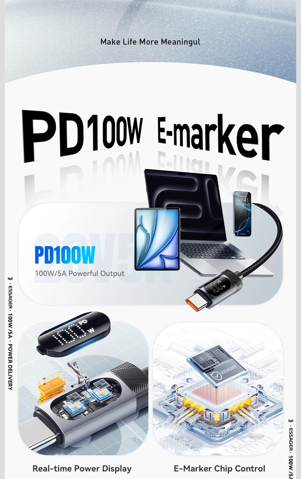 Essager Digital Dispaly USB C Cable For iPhone 17 16 15 Xiaomi Huawei 100W PD Fast Charging For Macbook iPad Type C to C Cable