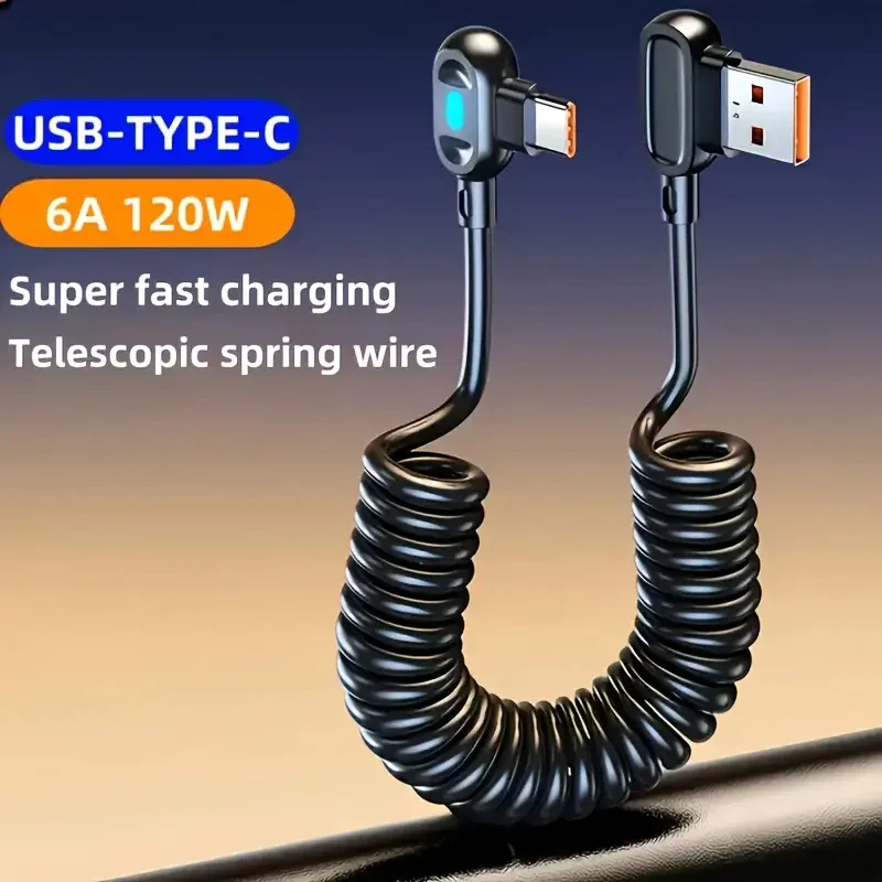 120W 6A USB C Fast Charging Cable Elbow Stretch Spring Data Cord For iPhone Samsung Xiaomi Huawei Phone Car Charge Type C Cable