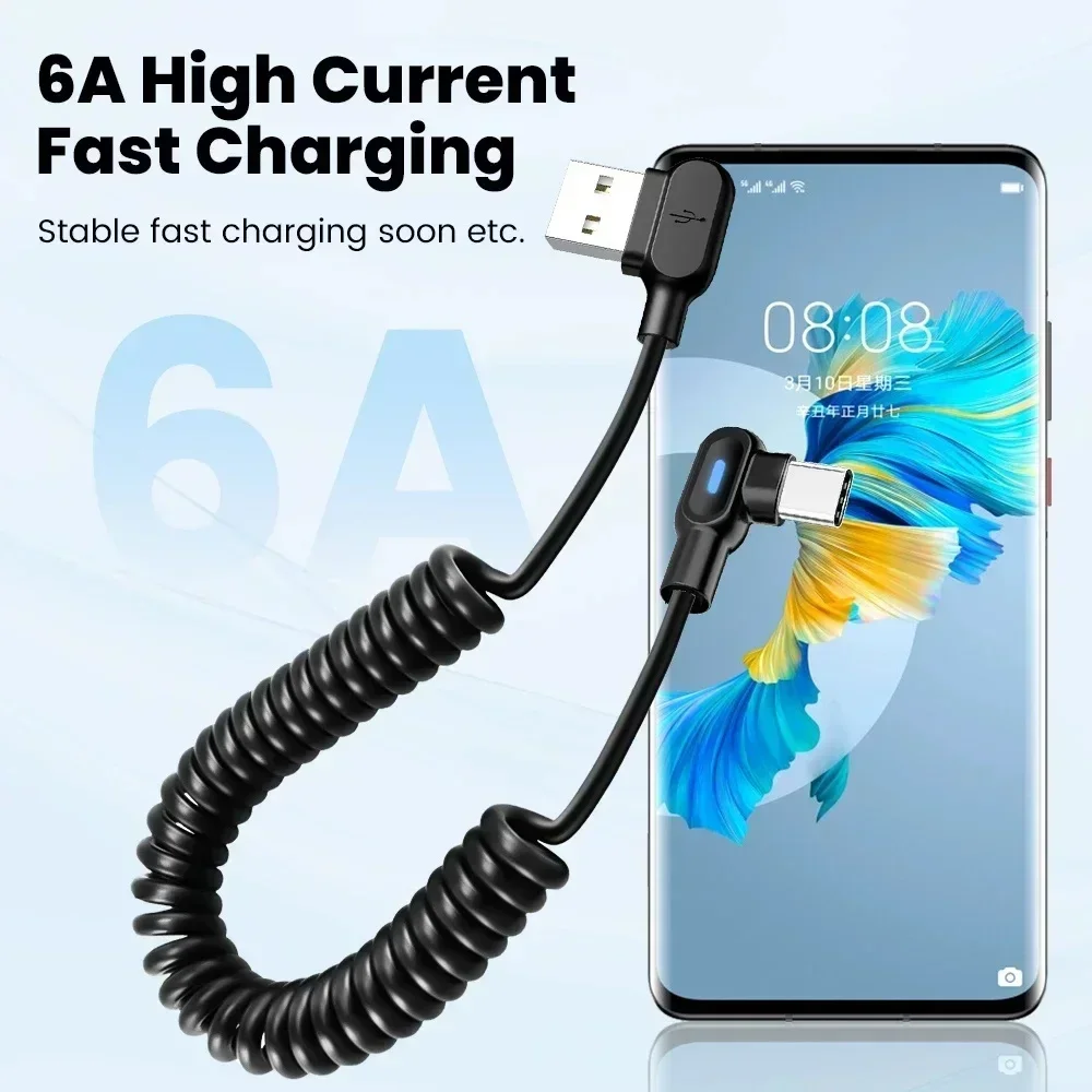 120W 6A USB C Fast Charging Cable Elbow Stretch Spring Data Cord For iPhone Samsung Xiaomi Huawei Phone Car Charge Type C Cable