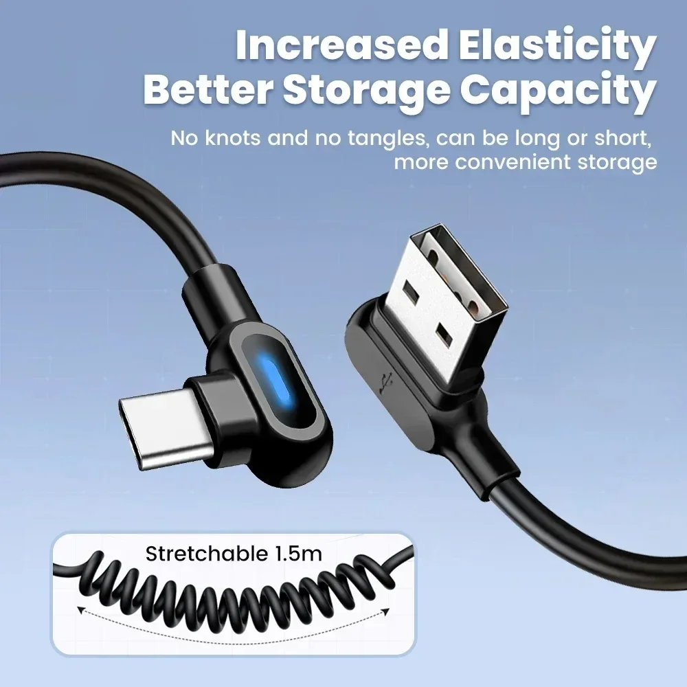 120W 6A USB C Fast Charging Cable Elbow Stretch Spring Data Cord For iPhone Samsung Xiaomi Huawei Phone Car Charge Type C Cable