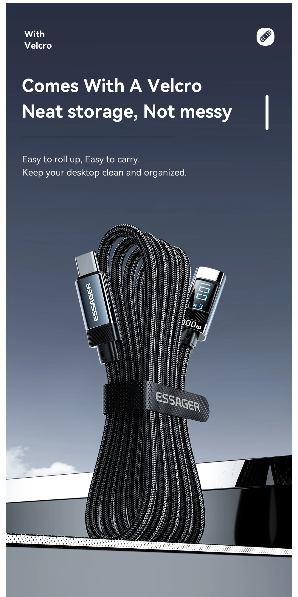 Essager PD100W USB C to Type C Cable Fast Charging Cable 90 Degree Elbow With Display For Iphone 15 Huawei Samsung Macbook Pro